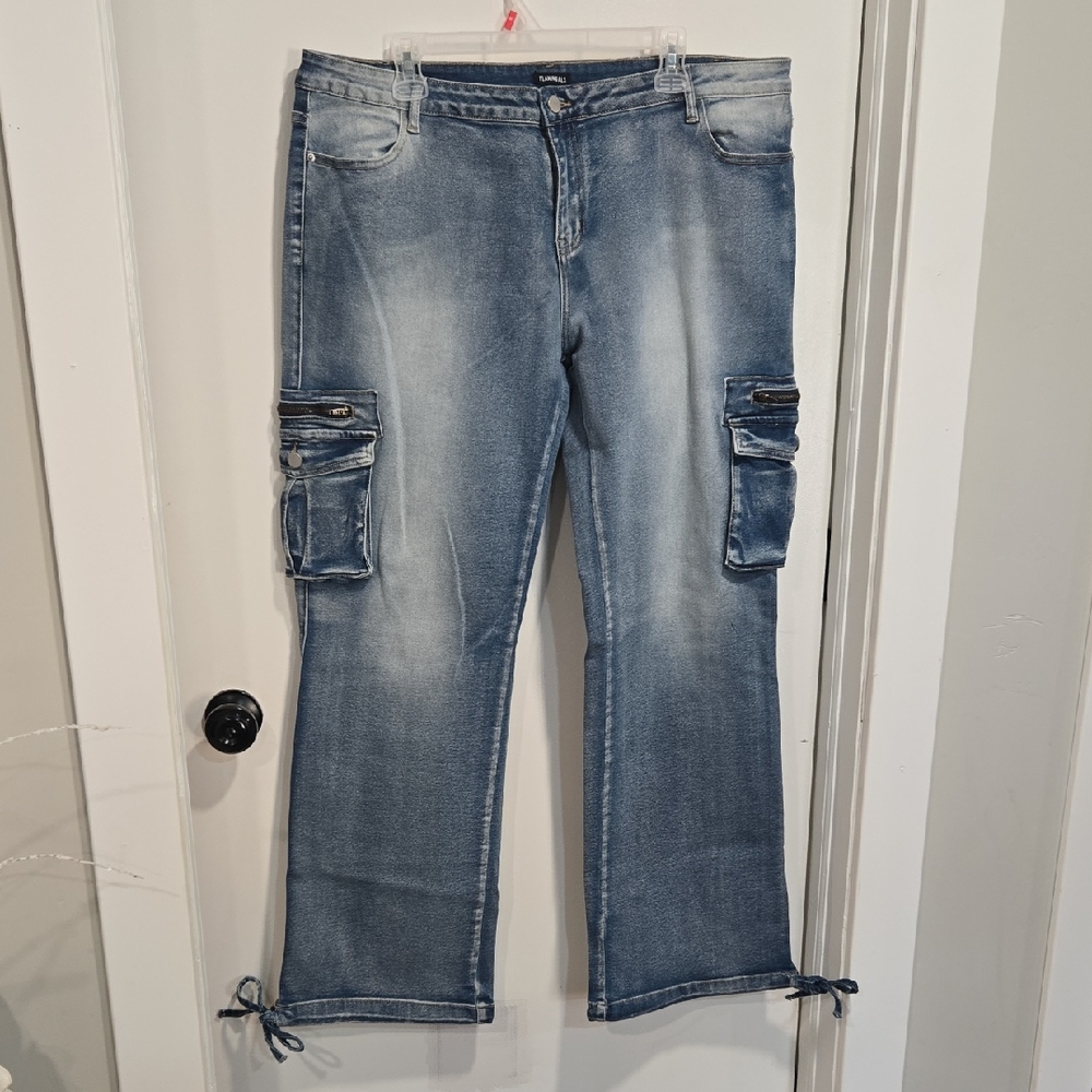 Casual Blue Wide Leg Cargo Jeans